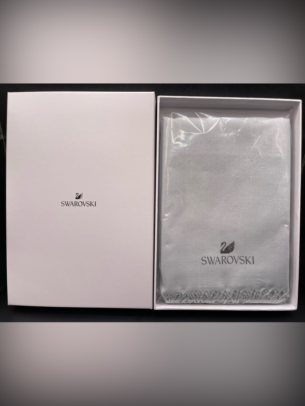 Swarovski LUXURY Silver Grey Fringed Shimmer Accents Scarf Signature Swan Logo